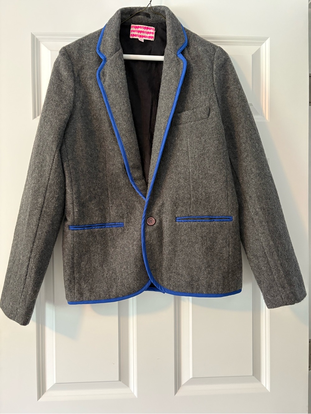 Men's Gray Wool Blazer with Blue Trim